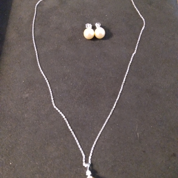 SALE! Nwot sterling silver ATI 925 set necklace/ earrings faux pearl, CZ Stone - Picture 2 of 16